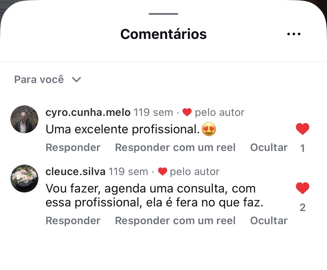 Comentários no Instagram elogiando o atendimento e recomendando a profissional da MELIORI